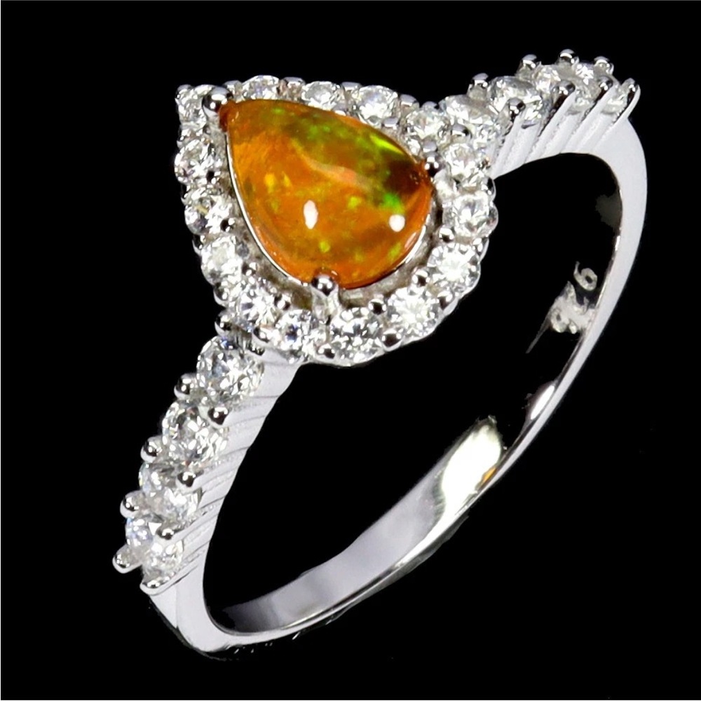 Stunning Orange Fire Opal Teardrop w/ zircon in 925 Sterling Silver Ring size 7